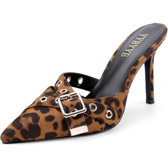 Women's Brown High Heel Pointed Closed Toe Mule Heels Bow Studded Stiletto Heel - Picture 1 of 7